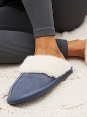 Denim Blue Suede Faux Fur Lined Mule Slippers - Image 2 of 7