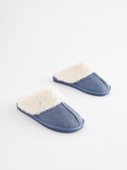 Denim Blue Suede Faux Fur Lined Mule Slippers - Image 3 of 7