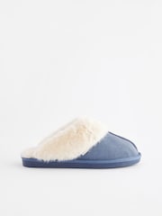 Denim Blue Suede Faux Fur Lined Mule Slippers - Image 4 of 7