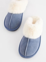 Denim Blue Suede Faux Fur Lined Mule Slippers - Image 5 of 7