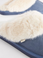 Denim Blue Suede Faux Fur Lined Mule Slippers - Image 6 of 7