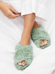 Sage Green Faux Fur Crossover Slider Slippers - Image 1 of 7