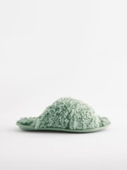 Sage Green Faux Fur Crossover Slider Slippers - Image 2 of 7