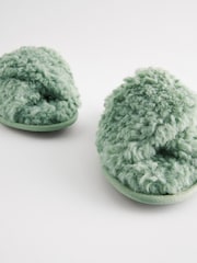 Sage Green Faux Fur Crossover Slider Slippers - Image 6 of 7