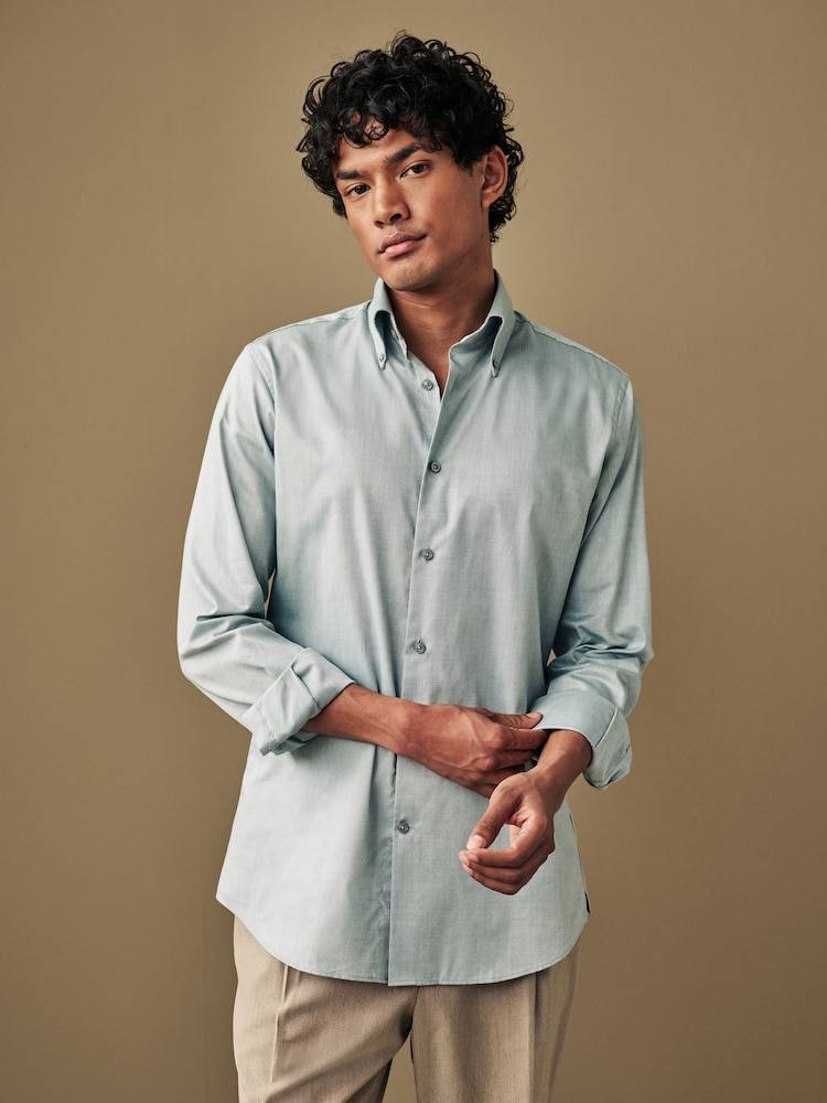 Green Oxford Single Cuff Textured Cotton Shirt - Image 1 of 8