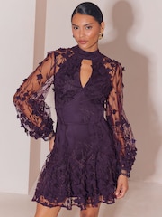 Lipsy 3D Floral Mesh Sleeve High Neck Mini Dress - Изображение 1 6