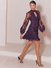 Lipsy 3D Floral Mesh Sleeve High Neck Mini Dress - Изображение 2 6