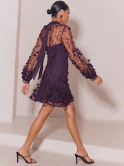 Lipsy 3D Floral Mesh Sleeve High Neck Mini Dress - Изображение 6 6