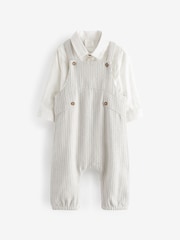 Grey/White Cotton/Linen Mix Baby Woven Dungarees And Shirt Set (0mths-3yrs) - Image 1 of 4
