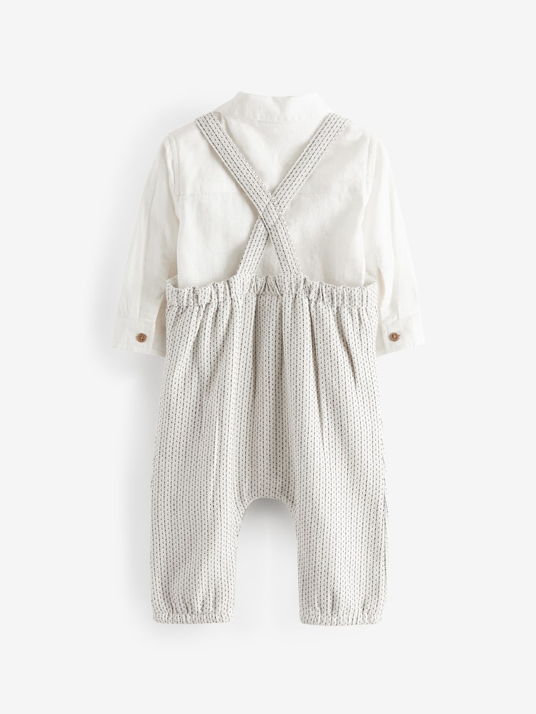 Grey/White Cotton/Linen Mix Baby Woven Dungarees And Shirt Set (0mths-3yrs) - Image 2 of 4