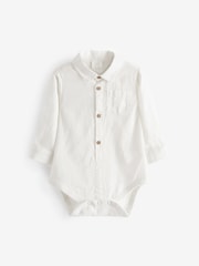 Grey/White Cotton/Linen Mix Baby Woven Dungarees And Shirt Set (0mths-3yrs) - Image 3 of 4