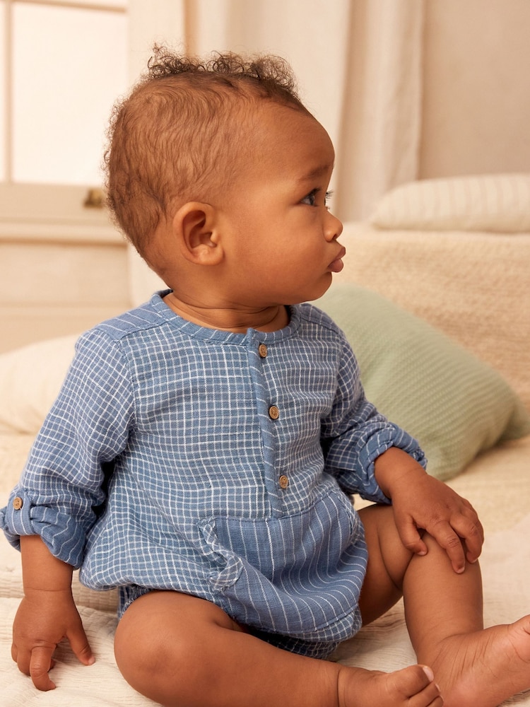 Blue Woven Long Sleeve Bloomer Romper (0mths-2yrs) - Image 1 of 8