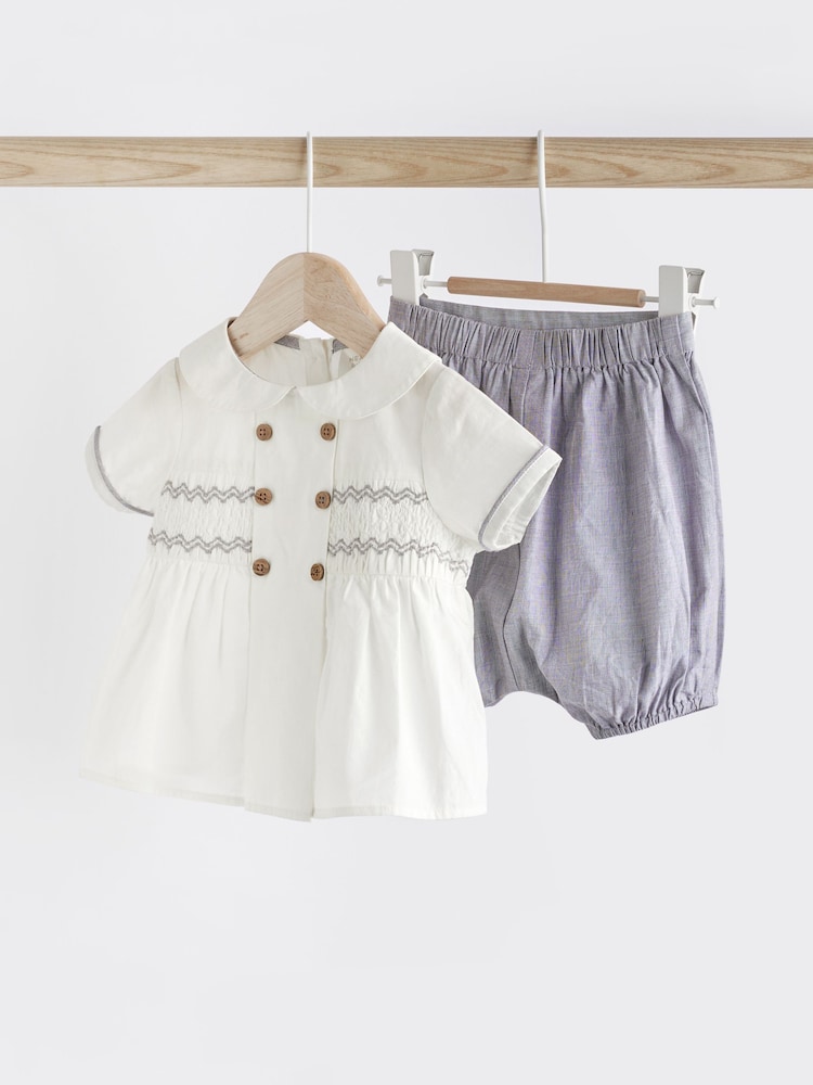 Grey/White Baby Woven Smart Top and Shorts Set (0mths-2yrs) - Image 1 of 10