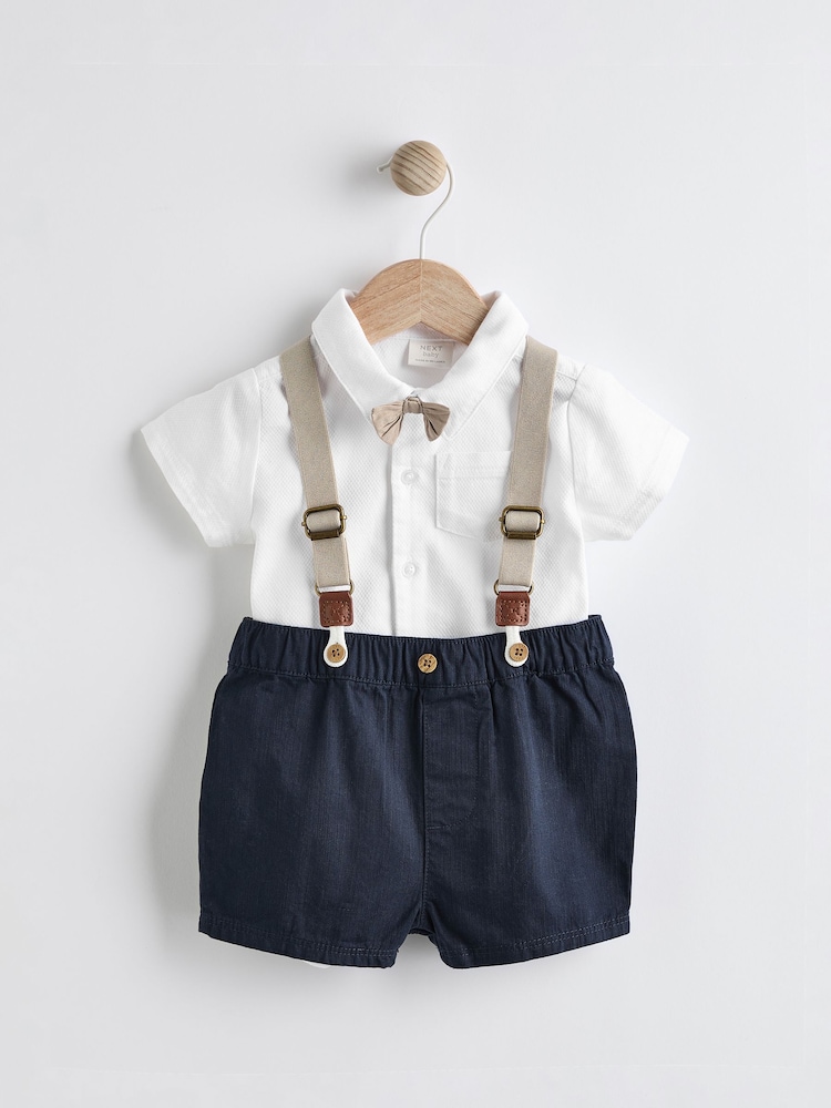 Navy Blue Baby 100% Cotton Shirt Body Shorts and Braces 4 Piece Set (0mths-2yrs) - Image 1 of 8