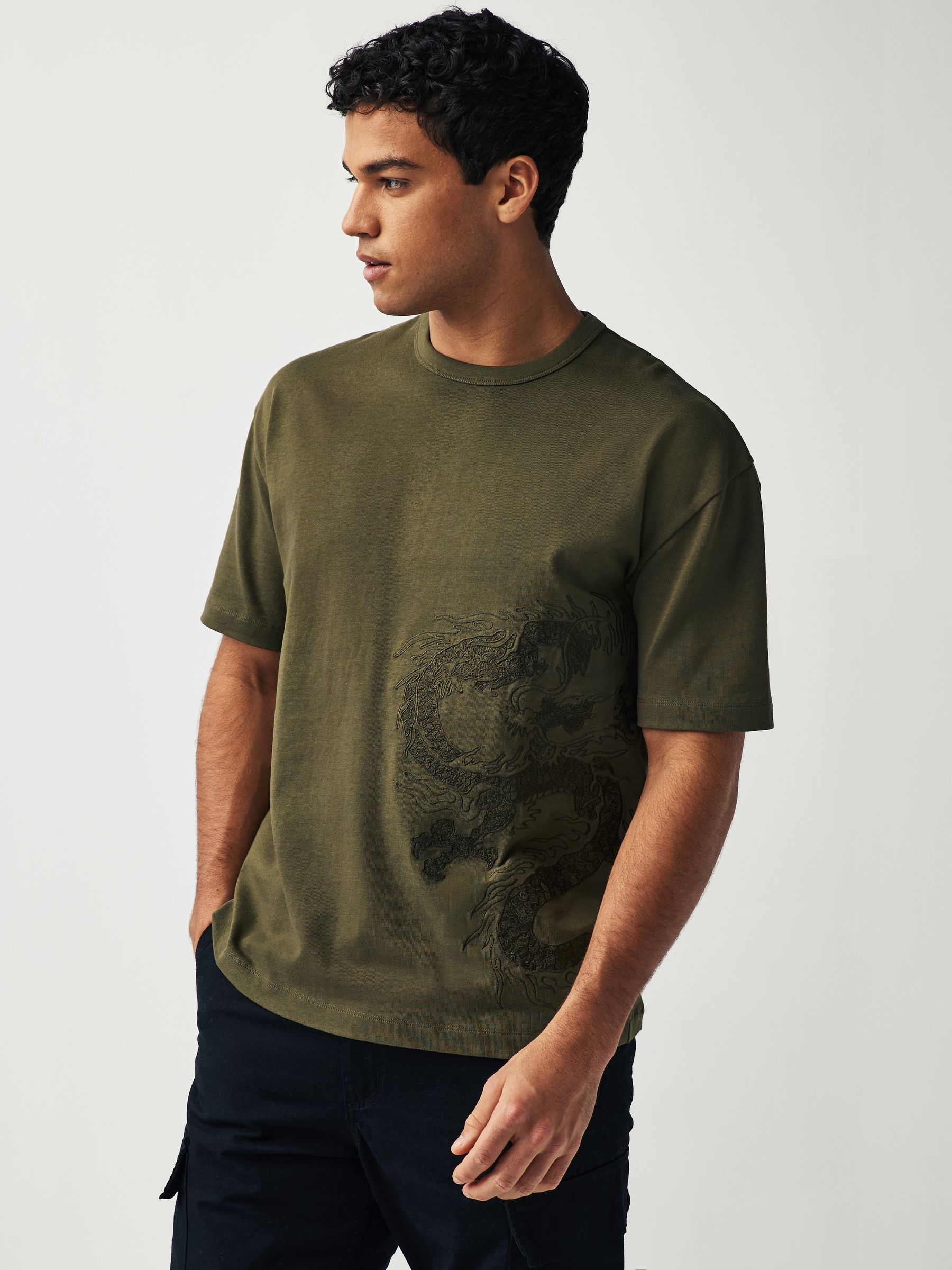 Buy Khaki Green Dragon Embroidered Heavyweight Relaxed T-Shirt from Next  Luxembourg