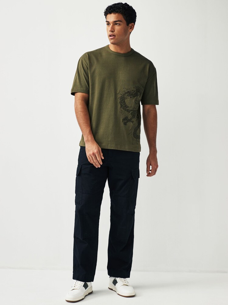 Khaki Green Dragon Embroidered Heavyweight Relaxed T-Shirt - Image 2 of 7