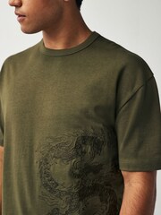 Khaki Green Dragon Embroidered Heavyweight Relaxed T-Shirt - Image 4 of 7
