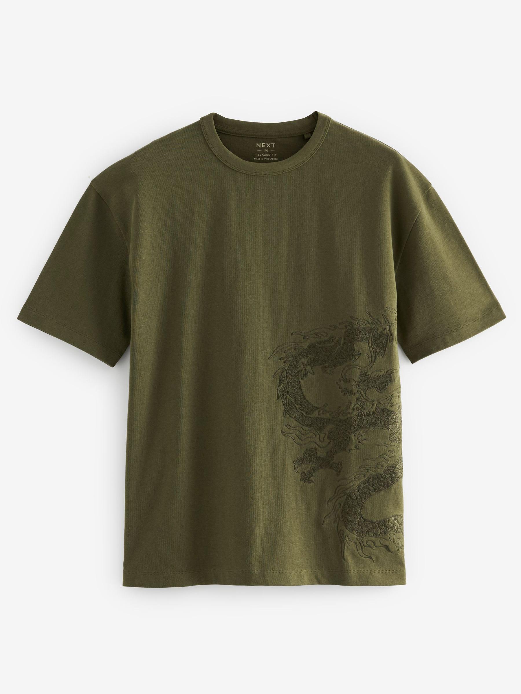 Buy Khaki Green Dragon Embroidered Heavyweight Relaxed T
