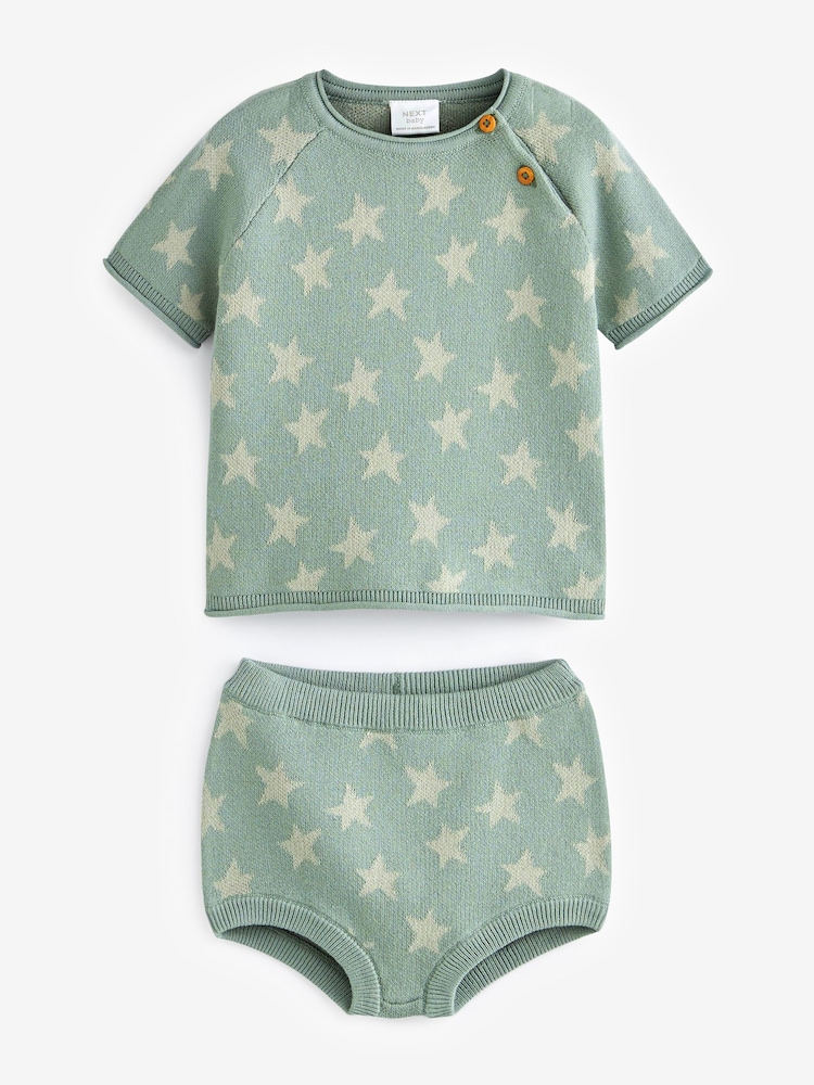 Sage Green Knitted Baby Top and Bloomer Short Set (0mths-2yrs) - Image 1 of 4