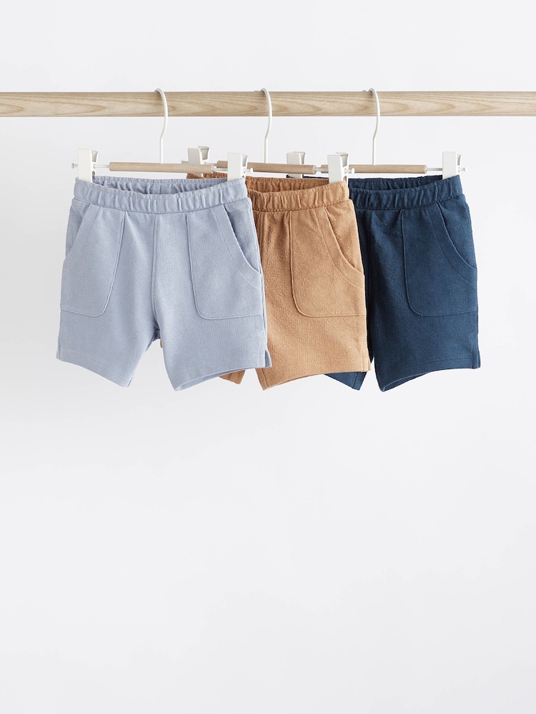 Navy Brown 100% Cotton Textured Baby Shorts 3 Pack - Image 1 of 6