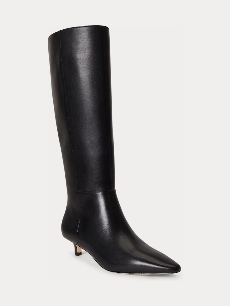 Lauren Ralph Lauren Black Francesca Leather Kitten Heel Knee High Boots - Image 2 of 3 Lauren Ralph Lauren Black Francesca Leather Kitten Heel Knee High Boots - Image 2 of 3