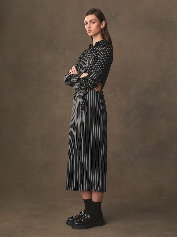 Black/White Stripe Asymmetric Pinstripe Shirt Dress - Image 2 of 7