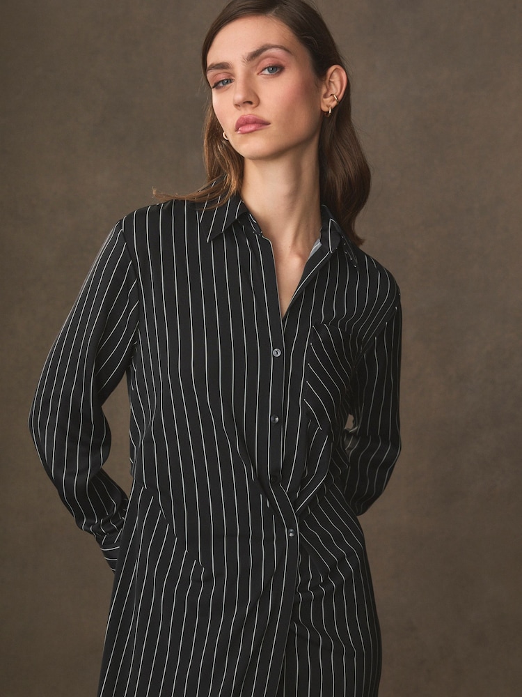 Black/White Stripe Asymmetric Pinstripe Shirt Dress - Image 5 of 7