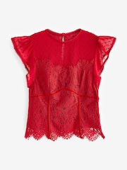 Red Lace Dobby Mix Short Sleeve Blouse - Image 2 of 6
