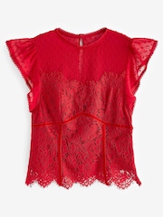 Red Lace Dobby Mix Short Sleeve Blouse - Image 5 of 6