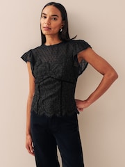 Black Lace Dobby Mix Short Sleeve Blouse - Image 1 of 7