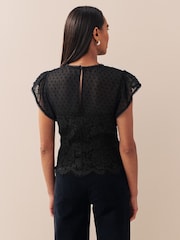 Black Lace Dobby Mix Short Sleeve Blouse - Image 3 of 7