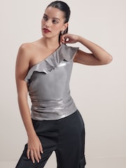 Silver Metallic Ruffle Detail One Shoulder Top - Image 1 of 7