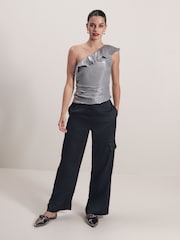 Silver Metallic Ruffle Detail One Shoulder Top - Image 2 of 7