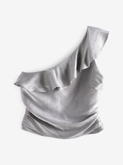 Silver Metallic Ruffle Detail One Shoulder Top - Image 6 of 7