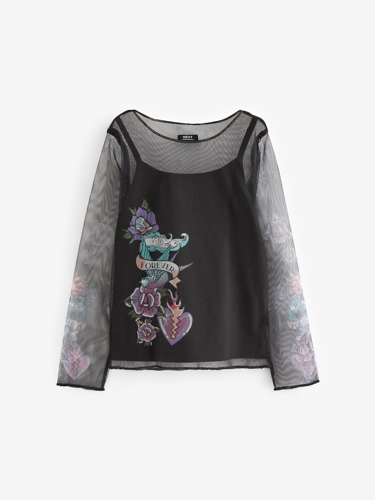 Black Tattoo Mesh Long Sleeve T-Shirt (3-16yrs) - Image 5 of 7