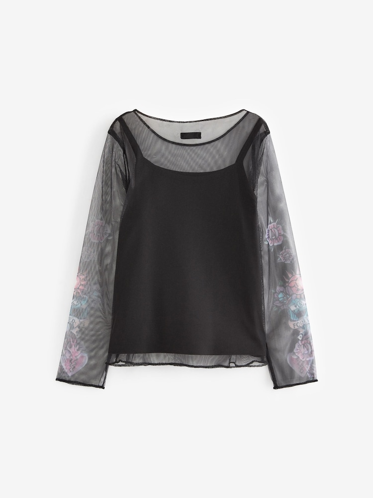 Black Tattoo Mesh Long Sleeve T-Shirt (3-16yrs) - Image 6 of 7