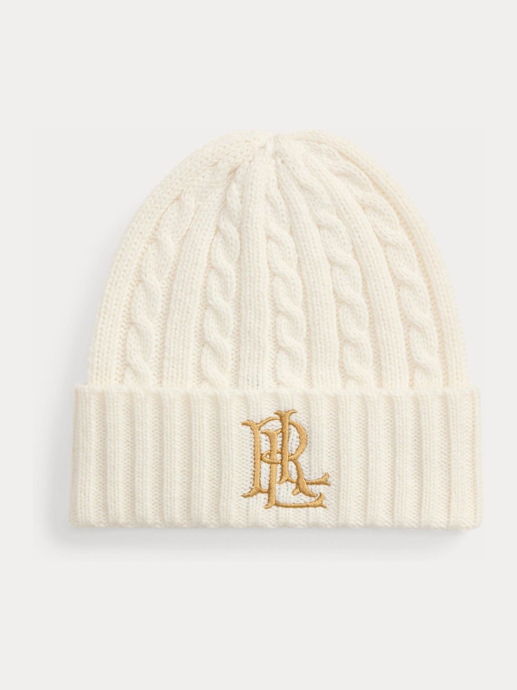 Lauren Ralph Lauren White Cable Knit Crest Detail Hat - Image 1 of 2 Lauren Ralph Lauren White Cable Knit Crest Detail Hat - Image 1 of 2
