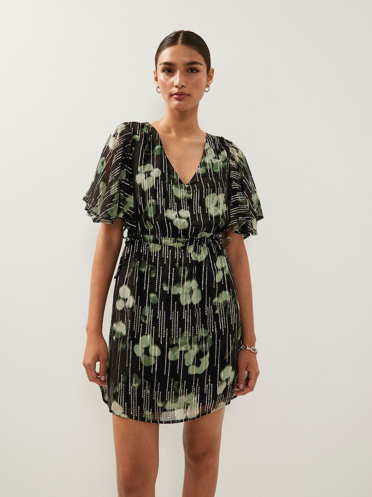 Black and Green Floral Flutter Sleeve Tie Waist Mini Dress - Image 1 of 4 Black and Green Floral Flutter Sleeve Tie Waist Mini Dress - Image 1 of 4