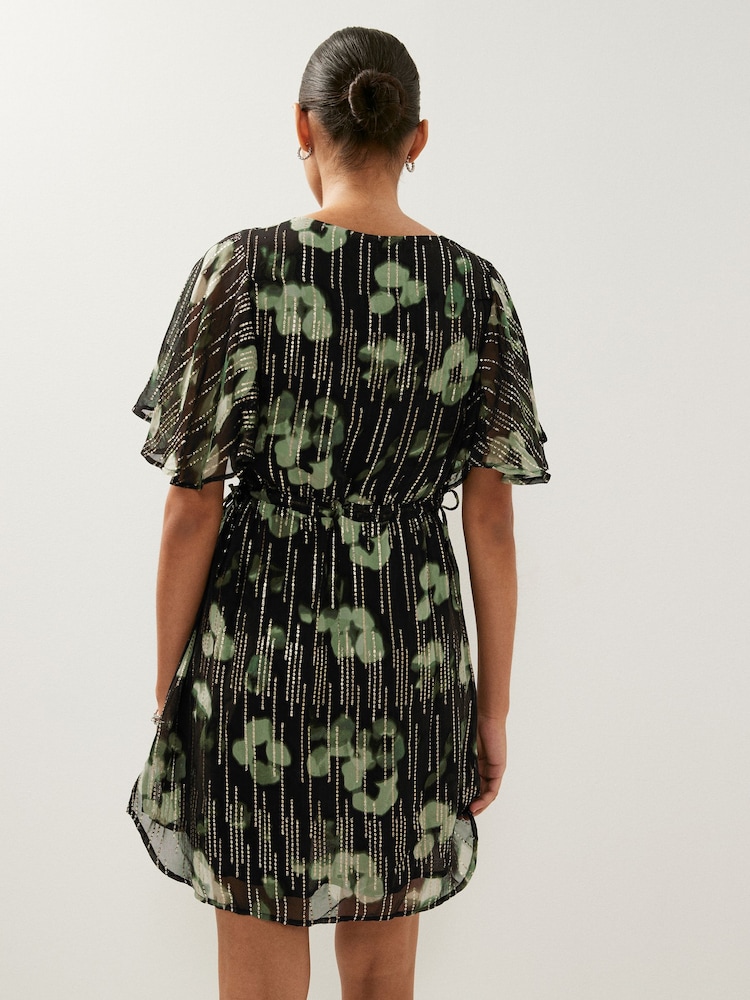 Black and Green Floral Flutter Sleeve Tie Waist Mini Dress - Image 2 of 4 Black and Green Floral Flutter Sleeve Tie Waist Mini Dress - Image 2 of 4