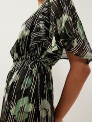 Black and Green Floral Flutter Sleeve Tie Waist Mini Dress - Image 3 of 4