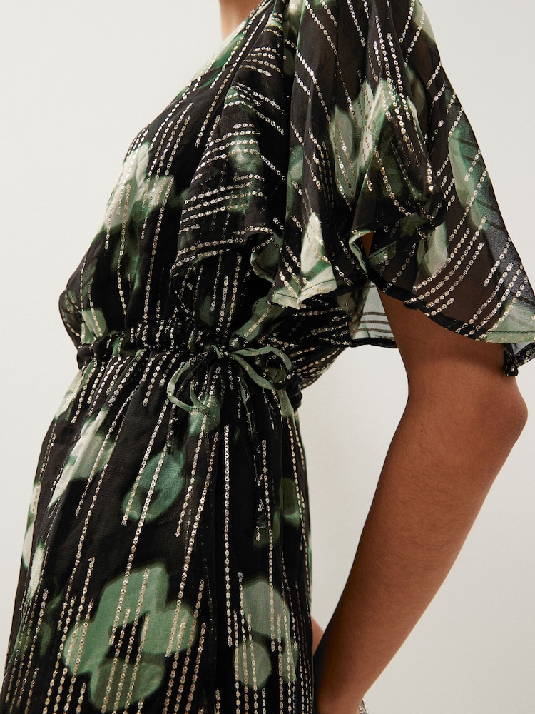 Noir et vert à fleurs - Robe mini-robe à taille nouée à manches flottantes - Image 3 of 4