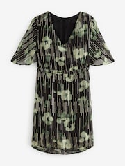 Black and Green Floral Flutter Sleeve Tie Waist Mini Dress - Image 4 of 4