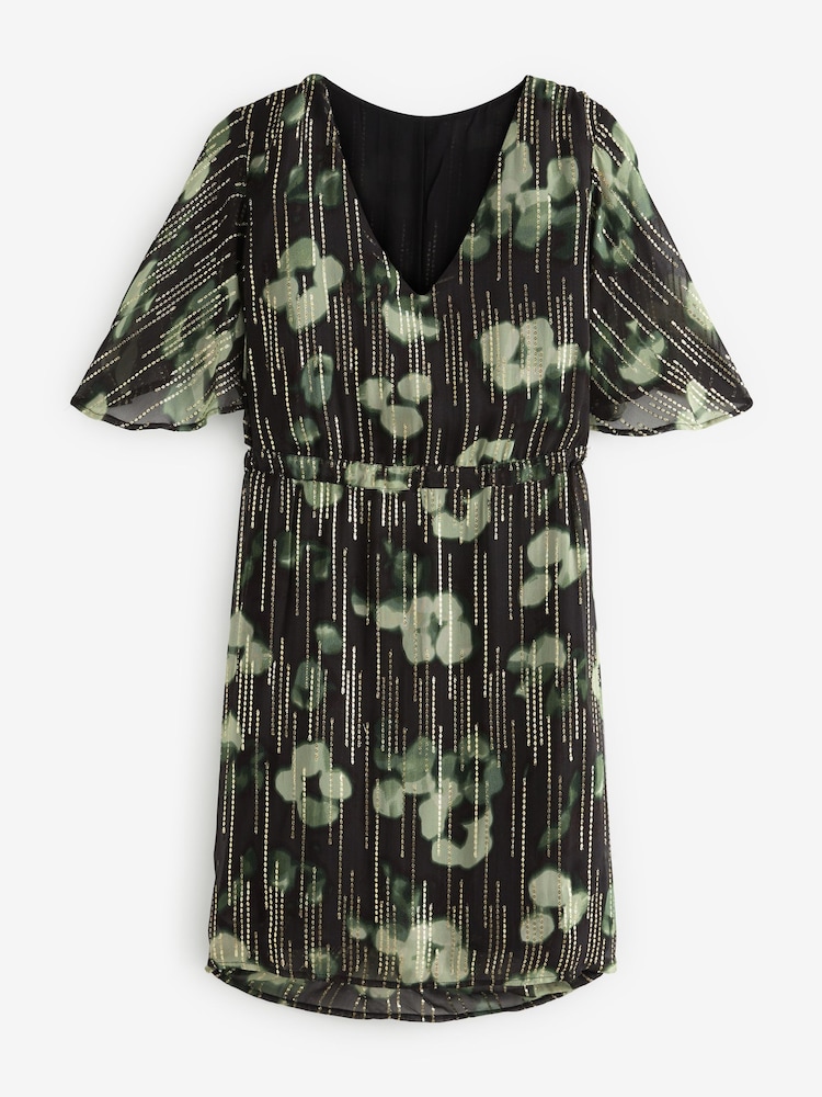 Black and Green Floral Flutter Sleeve Tie Waist Mini Dress - Image 4 of 4