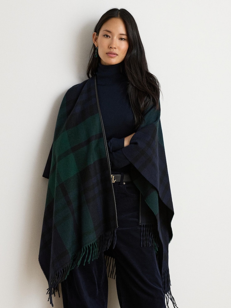 Lauren Ralph Lauren Blue Checked Leather Trim Fringed Poncho - Image 1 of 6