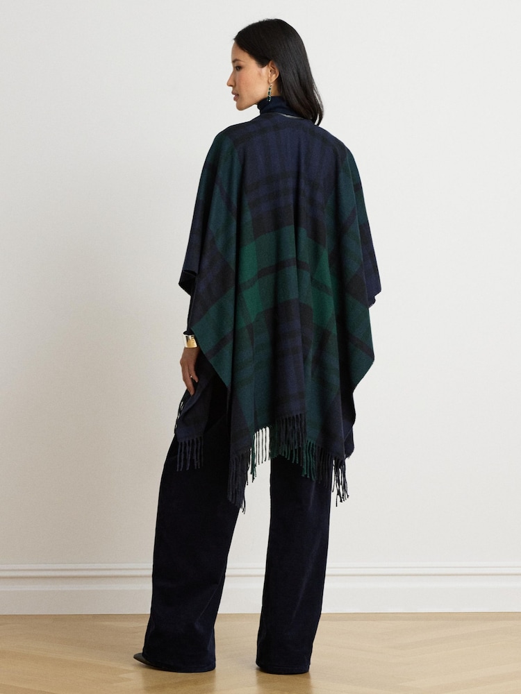Lauren Ralph Lauren Blue Checked Leather Trim Fringed Poncho - Image 2 of 6