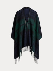 Lauren Ralph Lauren Blue Checked Leather Trim Fringed Poncho - Image 6 of 6