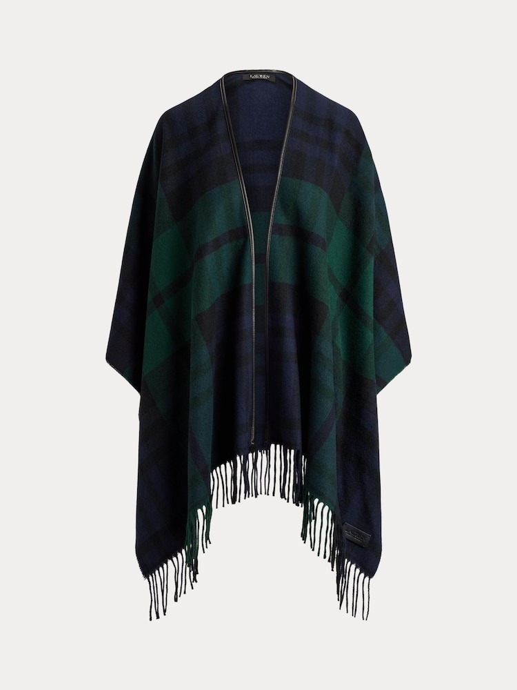 Lauren Ralph Lauren Blue Checked Leather Trim Fringed Poncho - Image 6 of 6