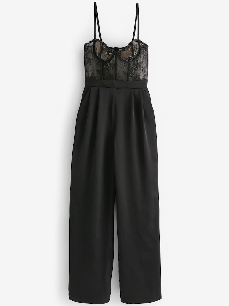 Black Lace Corset Satin Wide Leg Rochelle Jumpsuit - Image 4 of 5