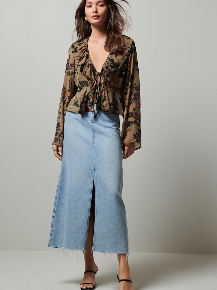 Khakigrün/Blumenmuster - Bluse, langärmelig mit Krawatte und Rüsche - Bild 2 von 7 Khakigrün/Blumenmuster - Bluse, langärmelig mit Krawatte und Rüsche - Bild 2 von 7
