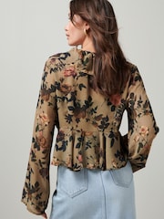 Khakigrün/Blumenmuster - Bluse, langärmelig mit Krawatte und Rüsche - Bild 3 von 7